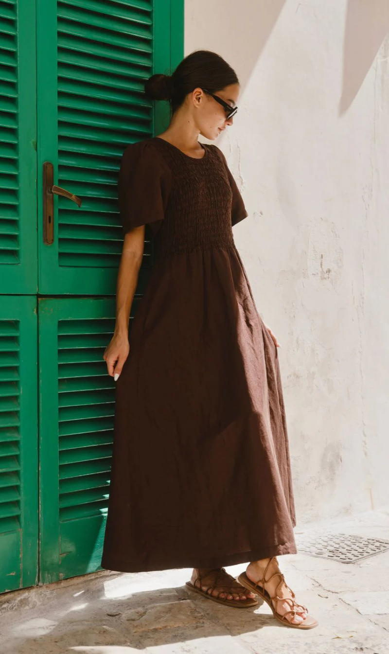 Wren Linen Blend Shirred Midi Dress