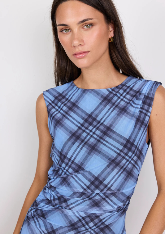 Frame Blue Check Mesh Sleeveless Maxi Dress