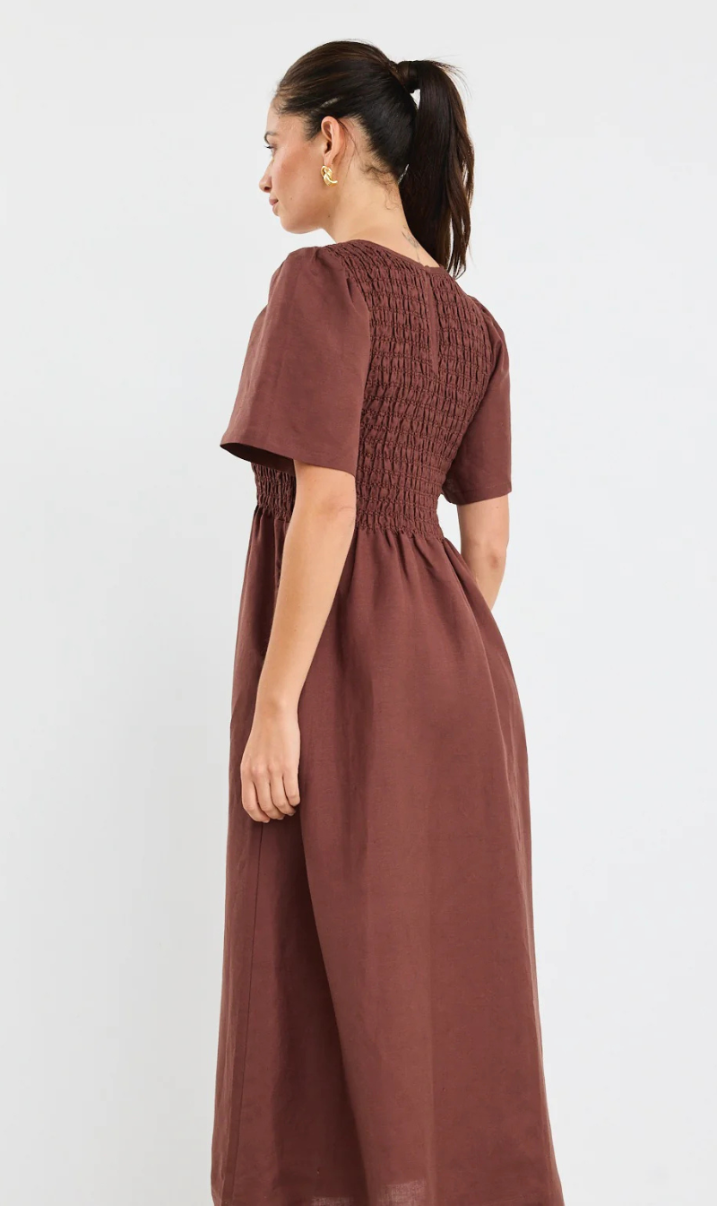 Wren Linen Blend Shirred Midi Dress