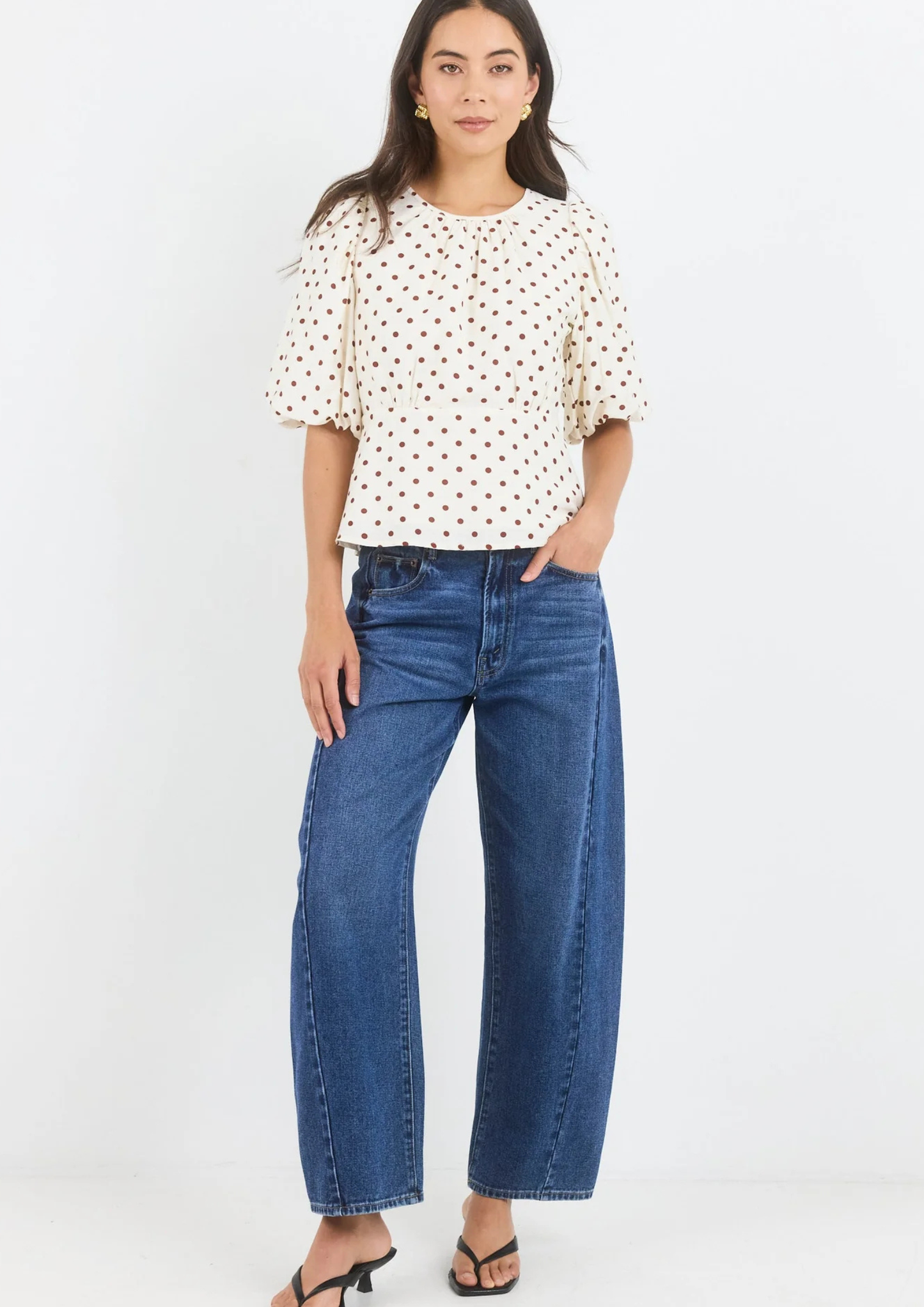 Eventual Ivory Chocolate Polka Dot Mid Sleeve Fit and Flare Top
