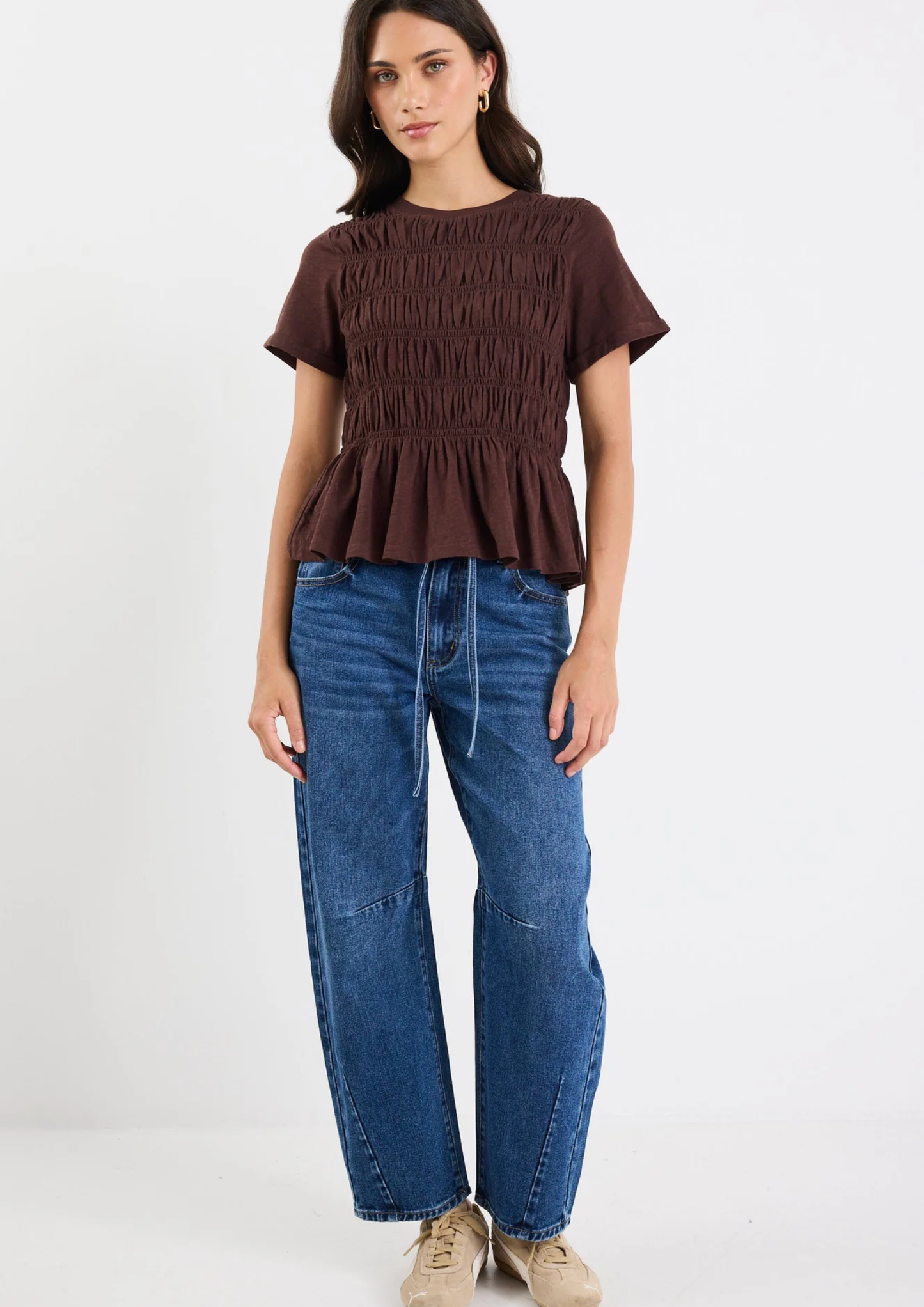 Neat Chocolate Slub Shirred Detail SS Tee