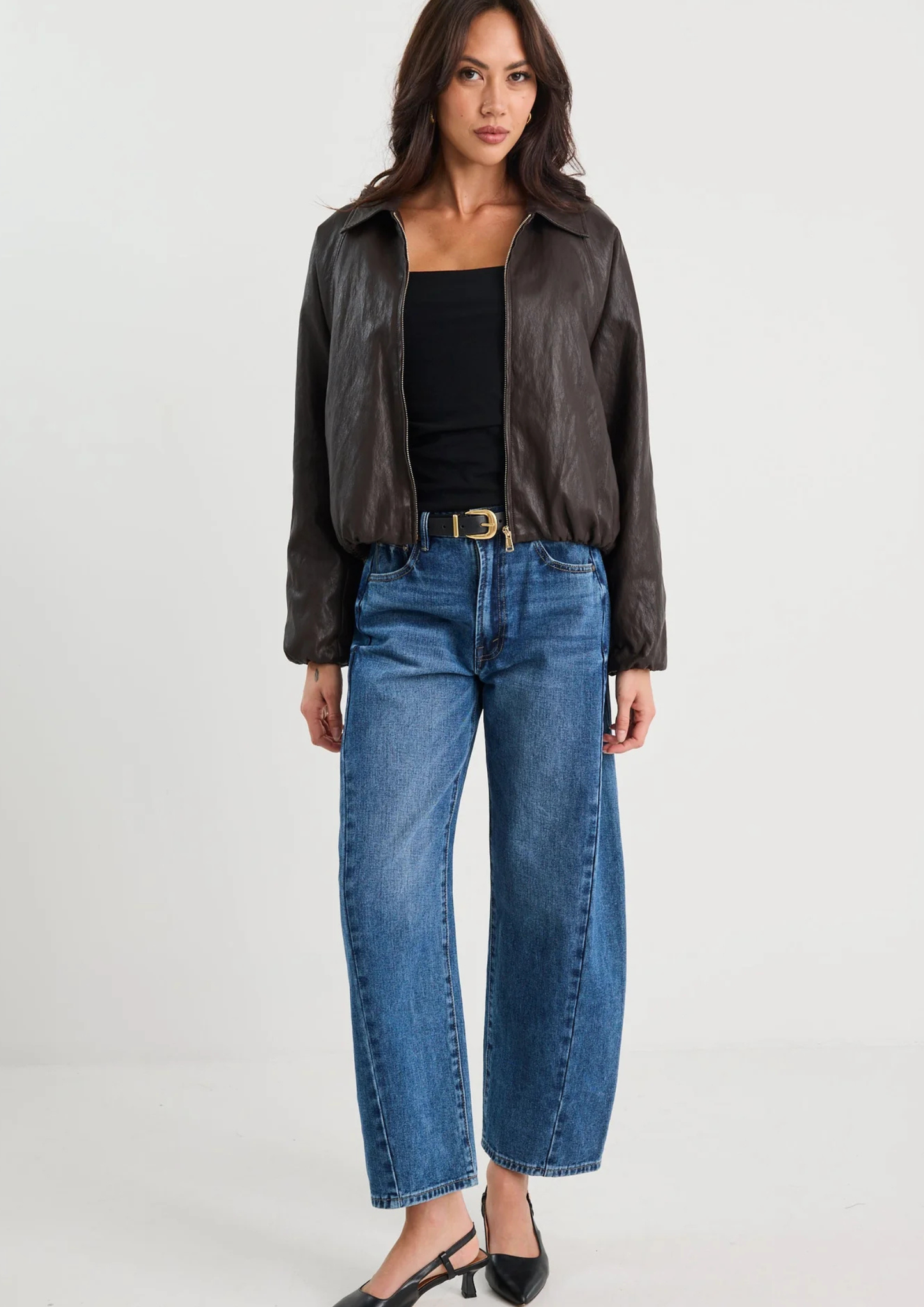 Troupe Chocolate PU Leather Zip Through Bubble Hem Bomber Jacket