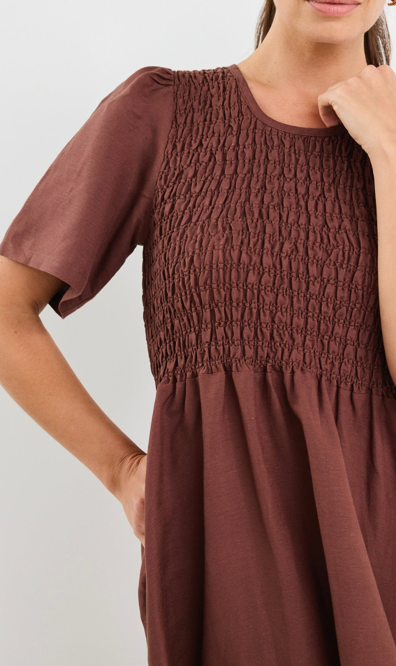 Wren Linen Blend Shirred Midi Dress
