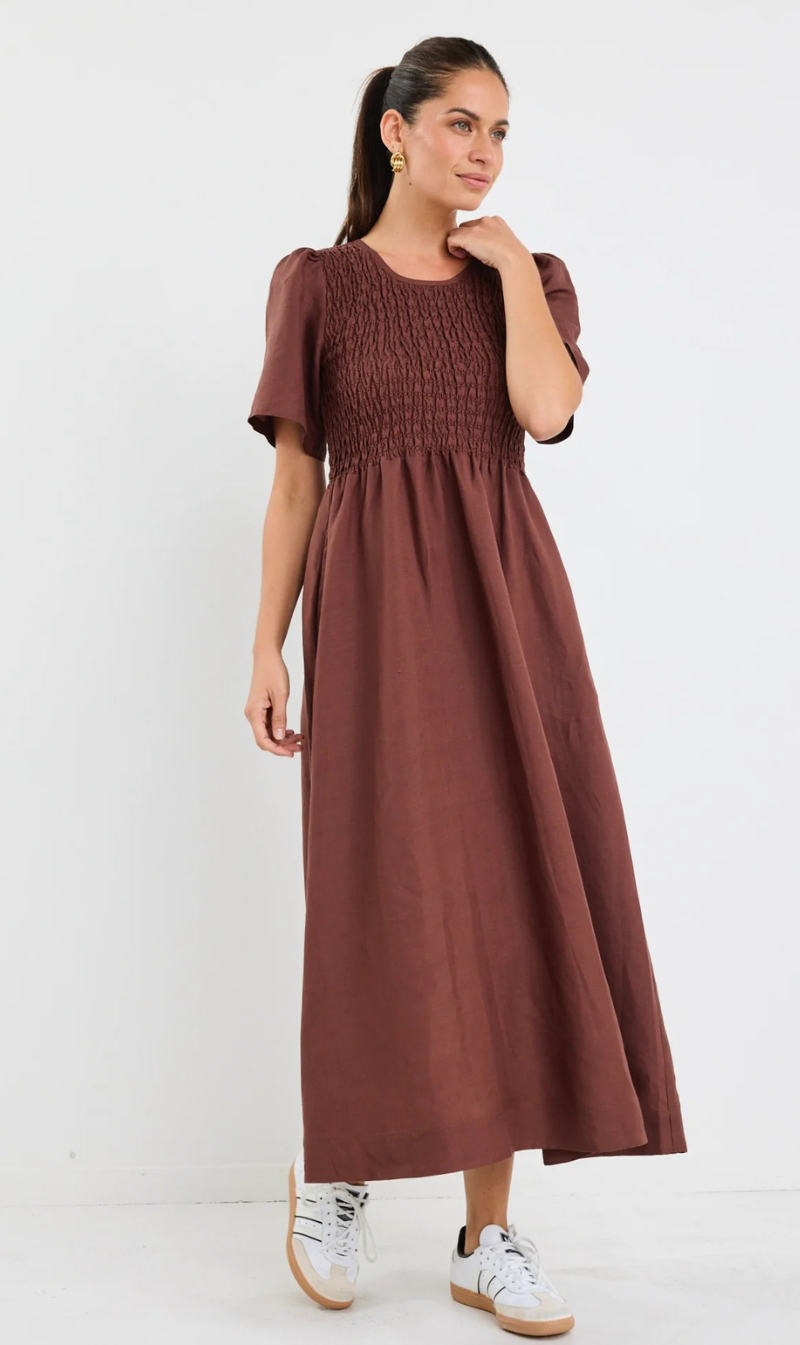 Wren Linen Blend Shirred Midi Dress