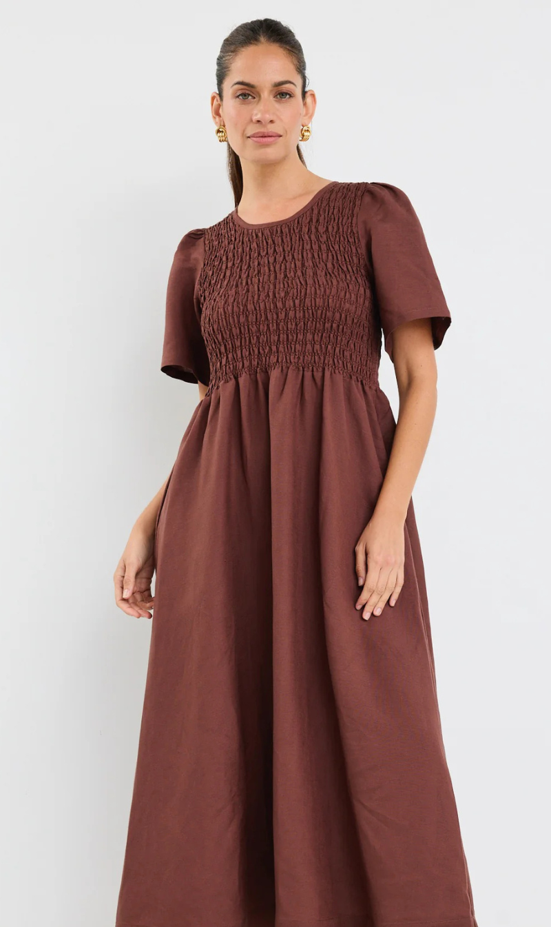 Wren Linen Blend Shirred Midi Dress