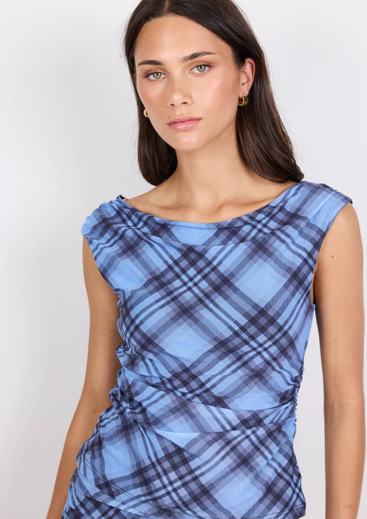 Ponder Blue Check Mesh Sleeveless Top