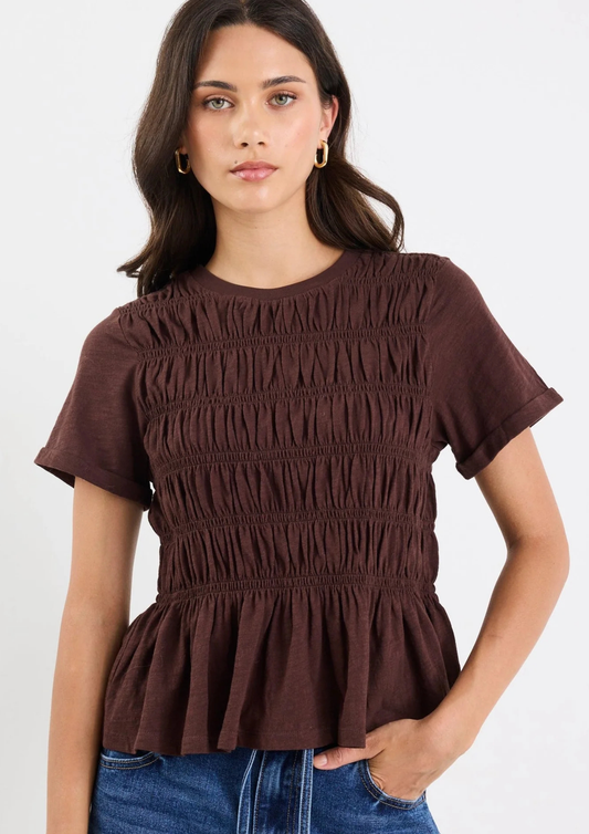 Neat Chocolate Slub Shirred Detail SS Tee