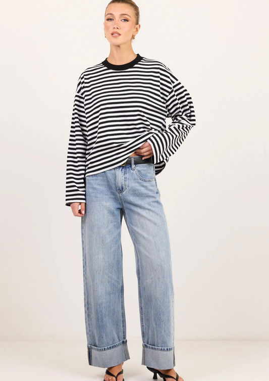 Unite Black White Stripe Long Sleeve Contrast Binding Boxy Tee
