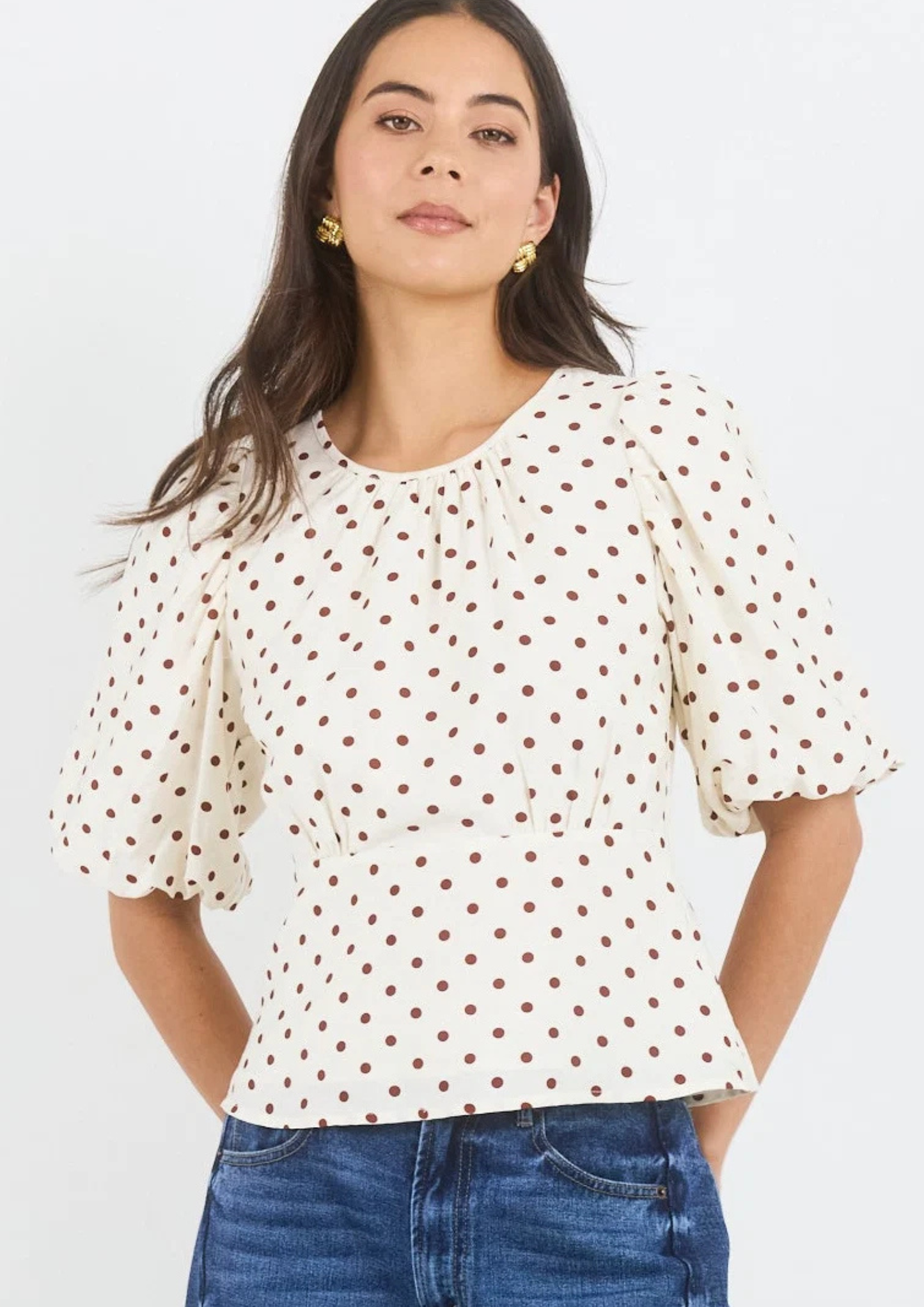 Eventual Ivory Chocolate Polka Dot Mid Sleeve Fit and Flare Top