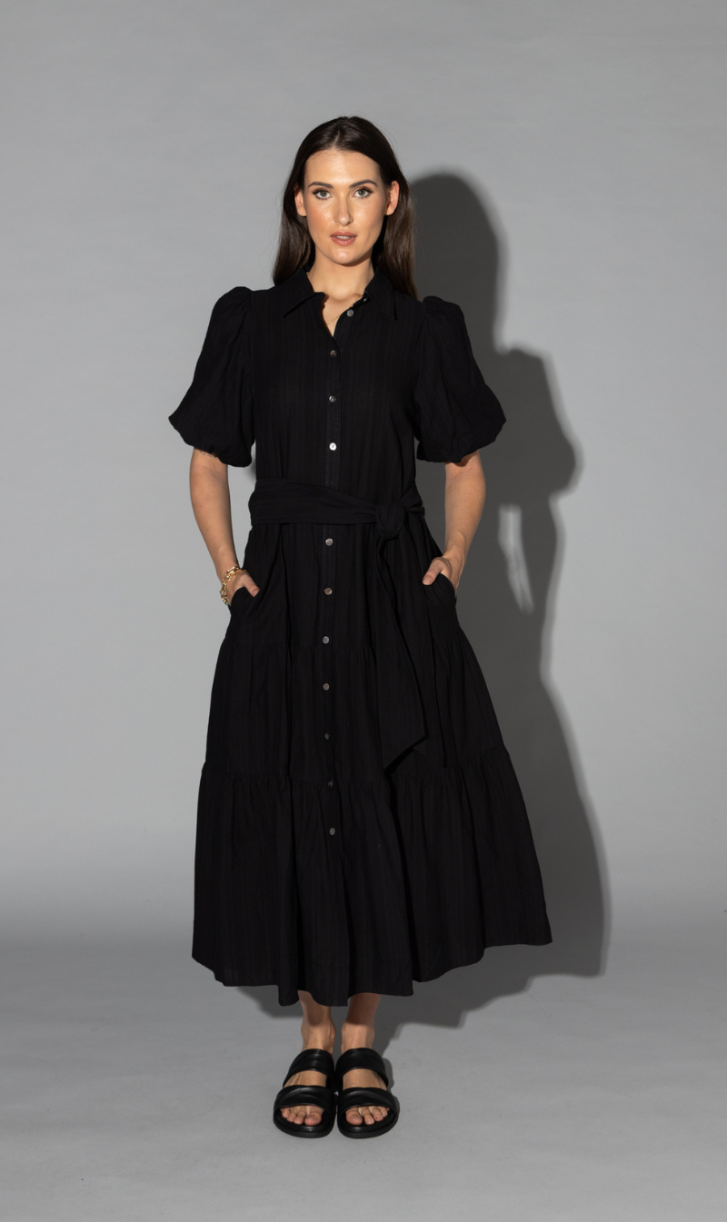 Gracie Dress - Black Jacquard Stripe