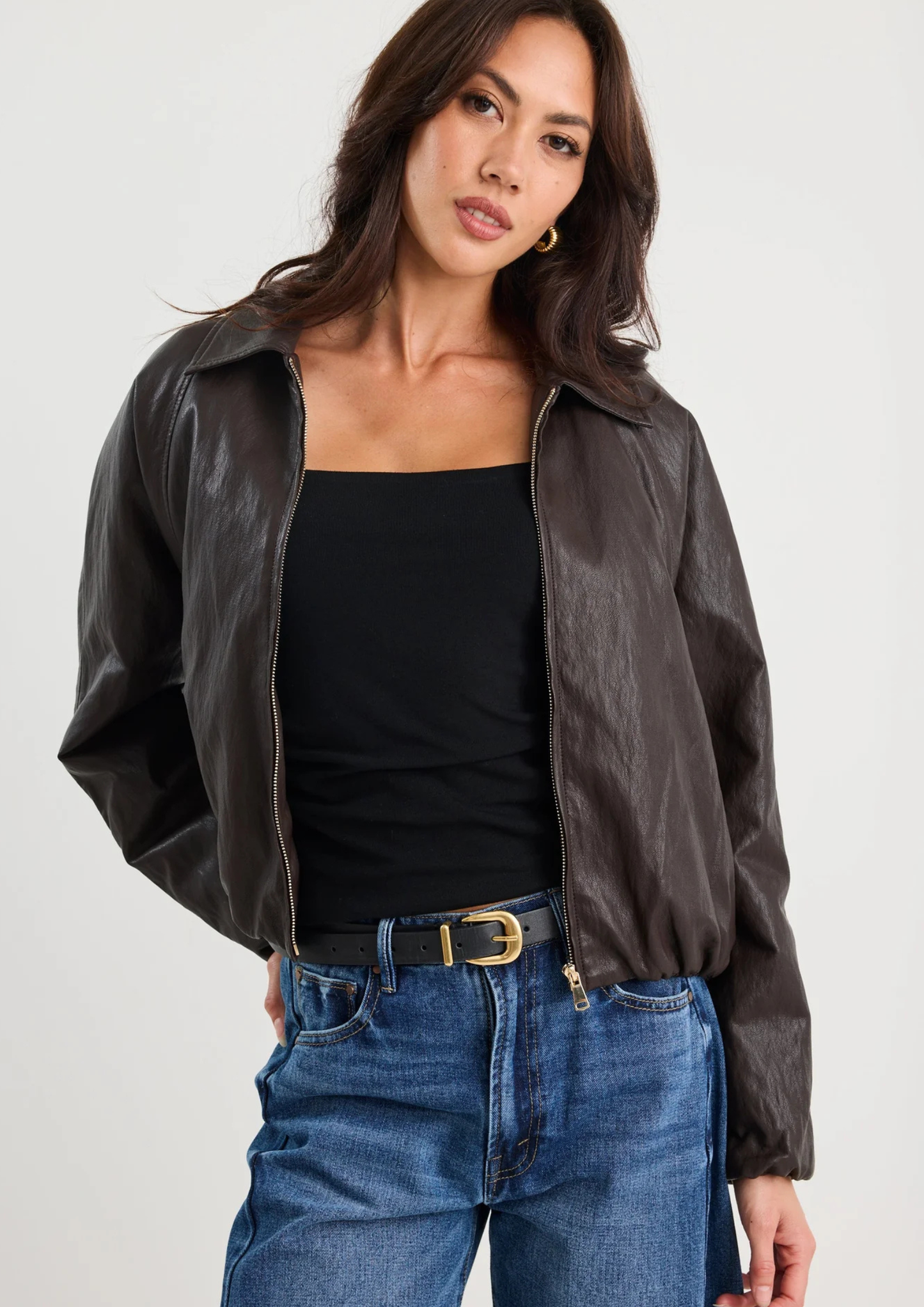Troupe Chocolate PU Leather Zip Through Bubble Hem Bomber Jacket
