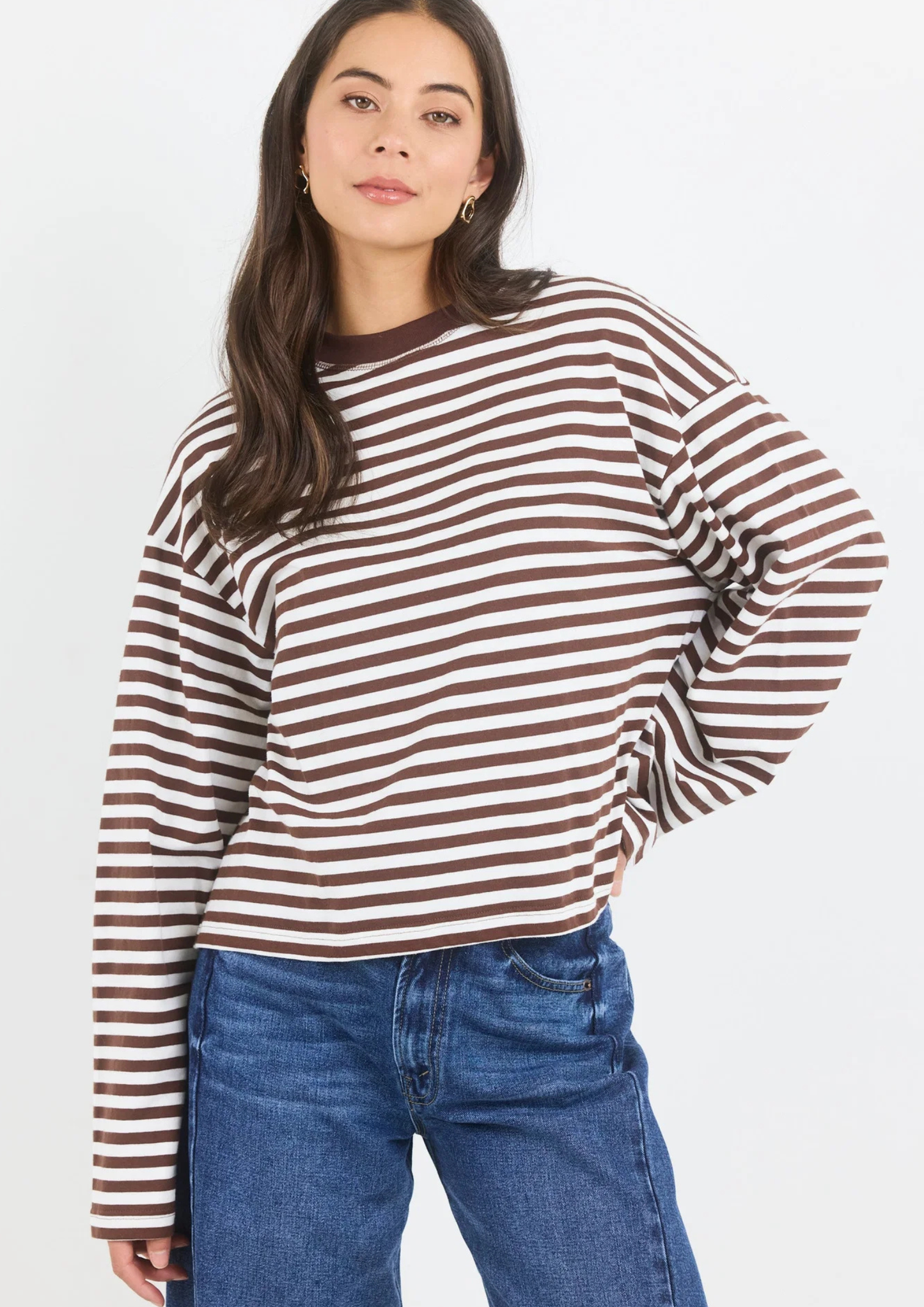 Unite Chocolate White Stripe Long Sleeve Contrast Binding Boxy Tee