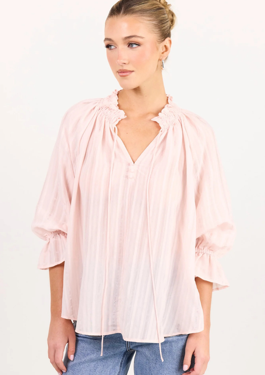 Expedition Blush Self Stripe Shirred Neck Short Sleeve Top