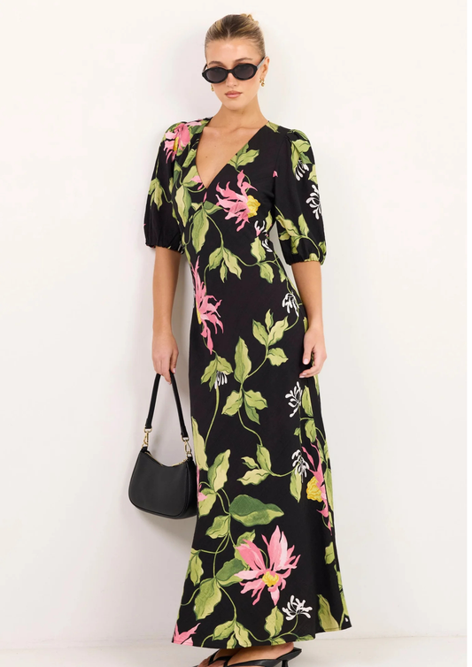 Amora Black Blush Floral SS Bias Maxi Dress