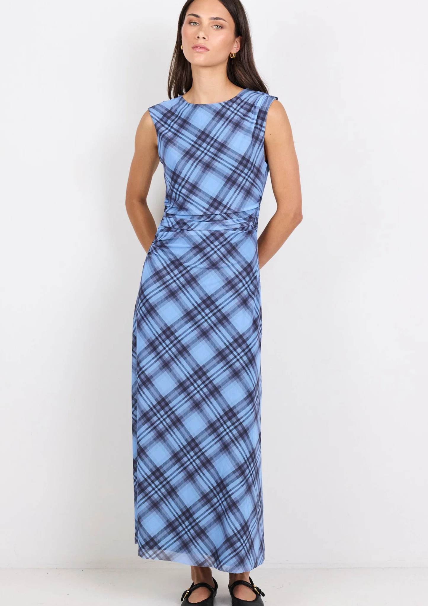 Frame Blue Check Mesh Sleeveless Maxi Dress