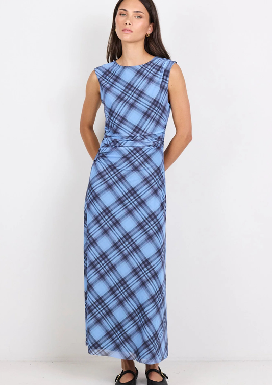 Frame Blue Check Mesh Sleeveless Maxi Dress