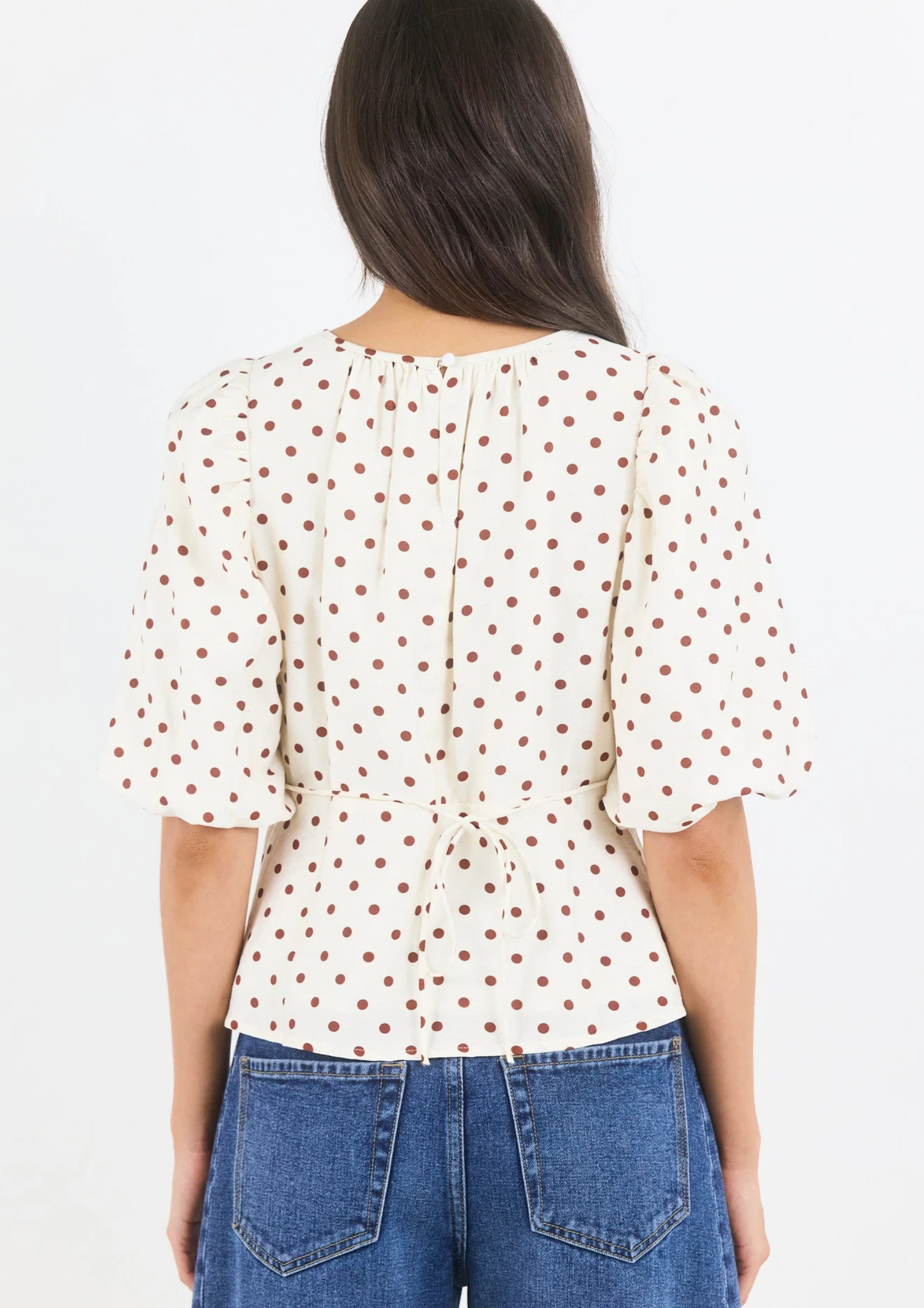 Eventual Ivory Chocolate Polka Dot Mid Sleeve Fit and Flare Top