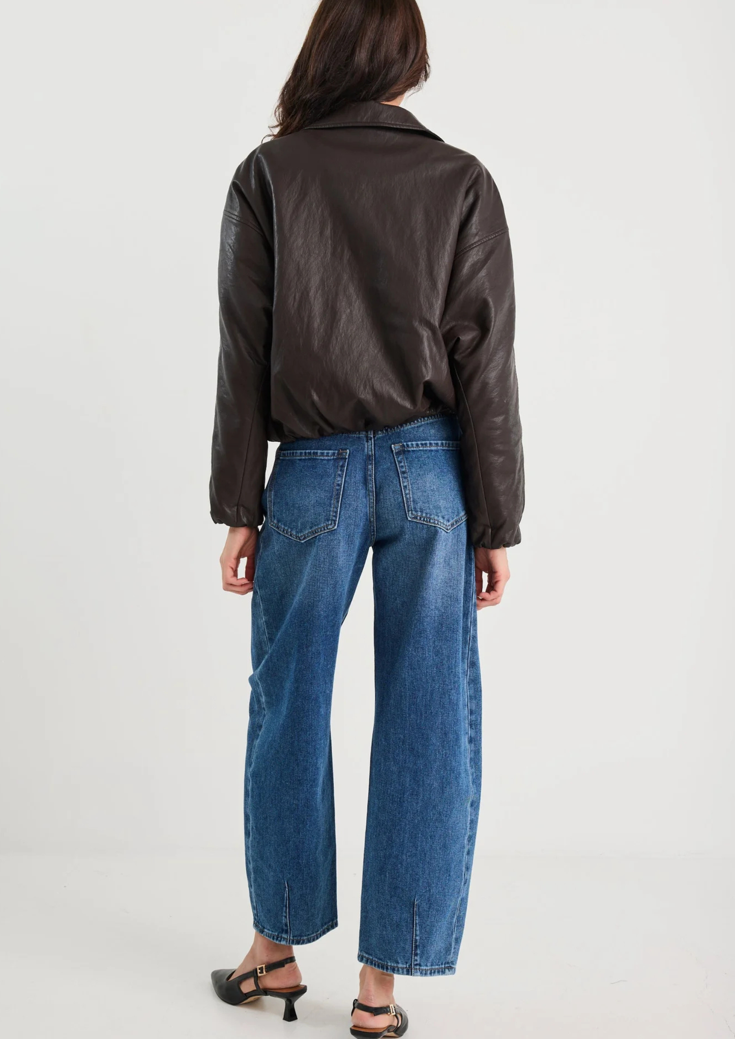 Troupe Chocolate PU Leather Zip Through Bubble Hem Bomber Jacket