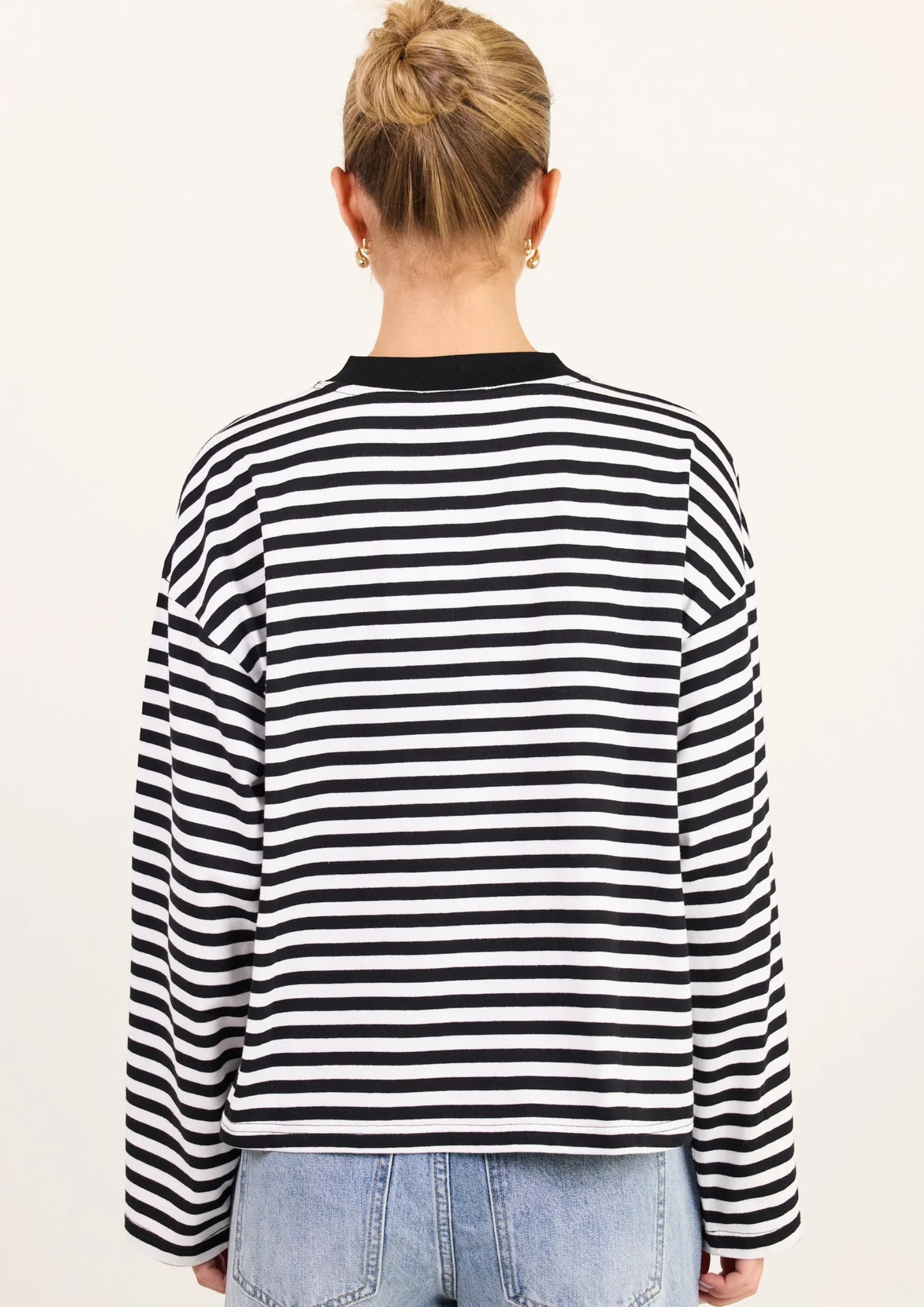 Unite Black White Stripe Long Sleeve Contrast Binding Boxy Tee