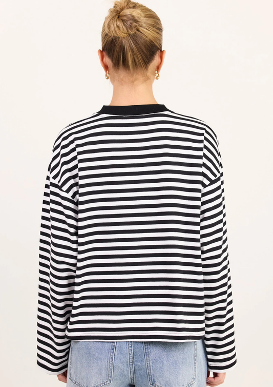 Unite Black White Stripe Long Sleeve Contrast Binding Boxy Tee
