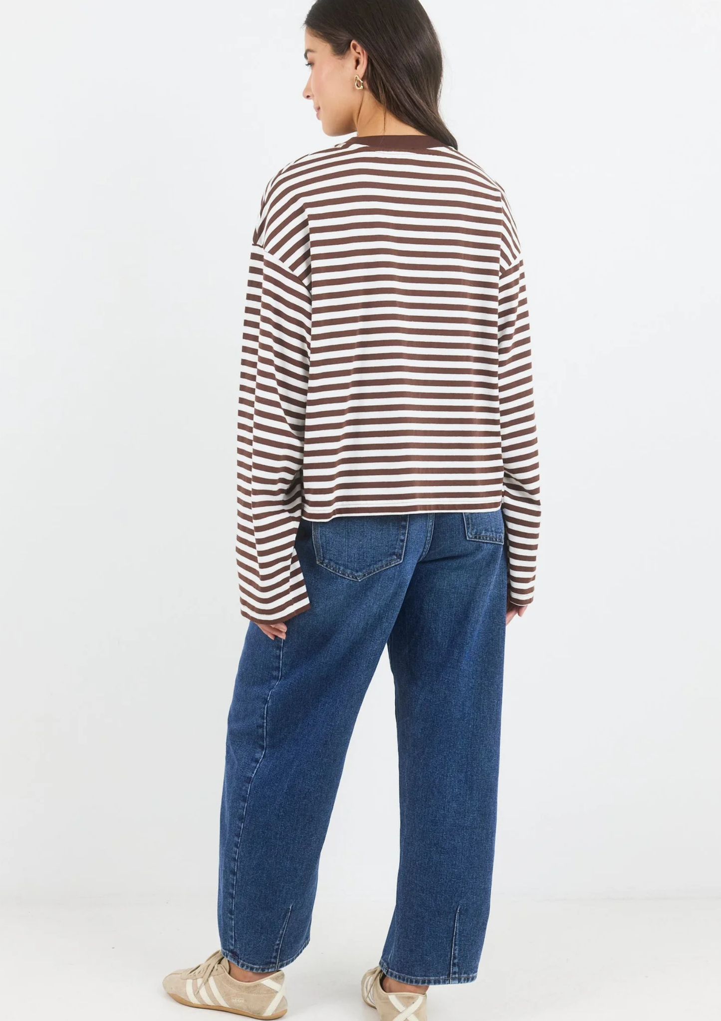 Unite Chocolate White Stripe Long Sleeve Contrast Binding Boxy Tee