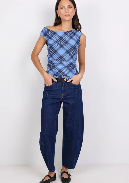 Ponder Blue Check Mesh Sleeveless Top