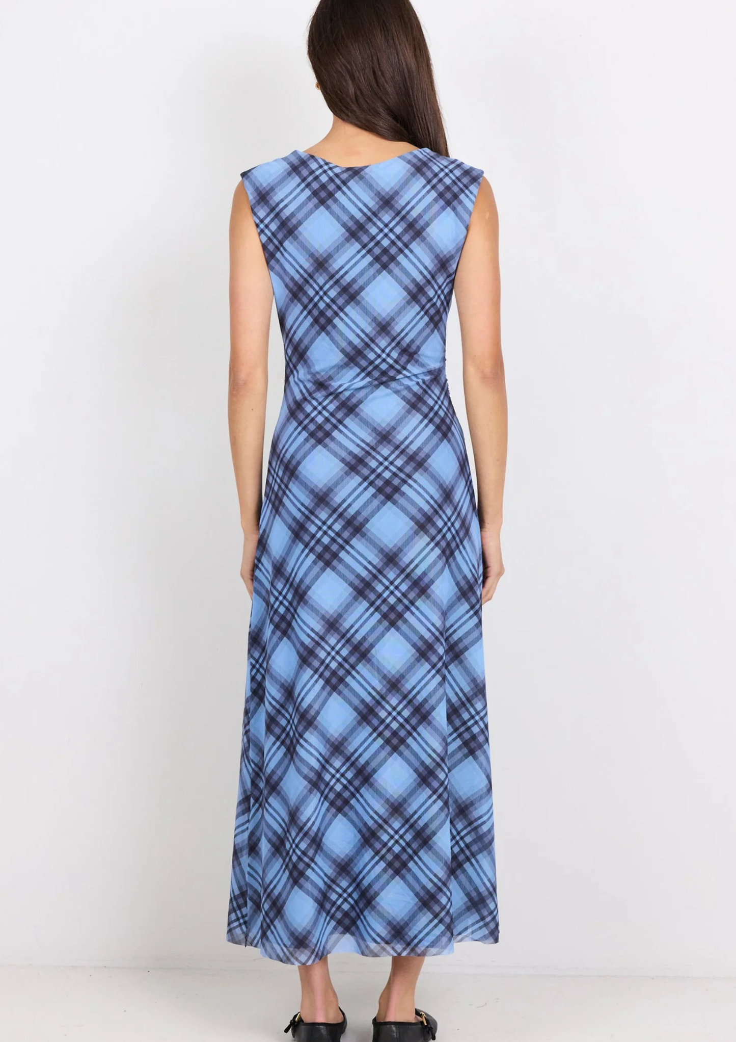 Frame Blue Check Mesh Sleeveless Maxi Dress