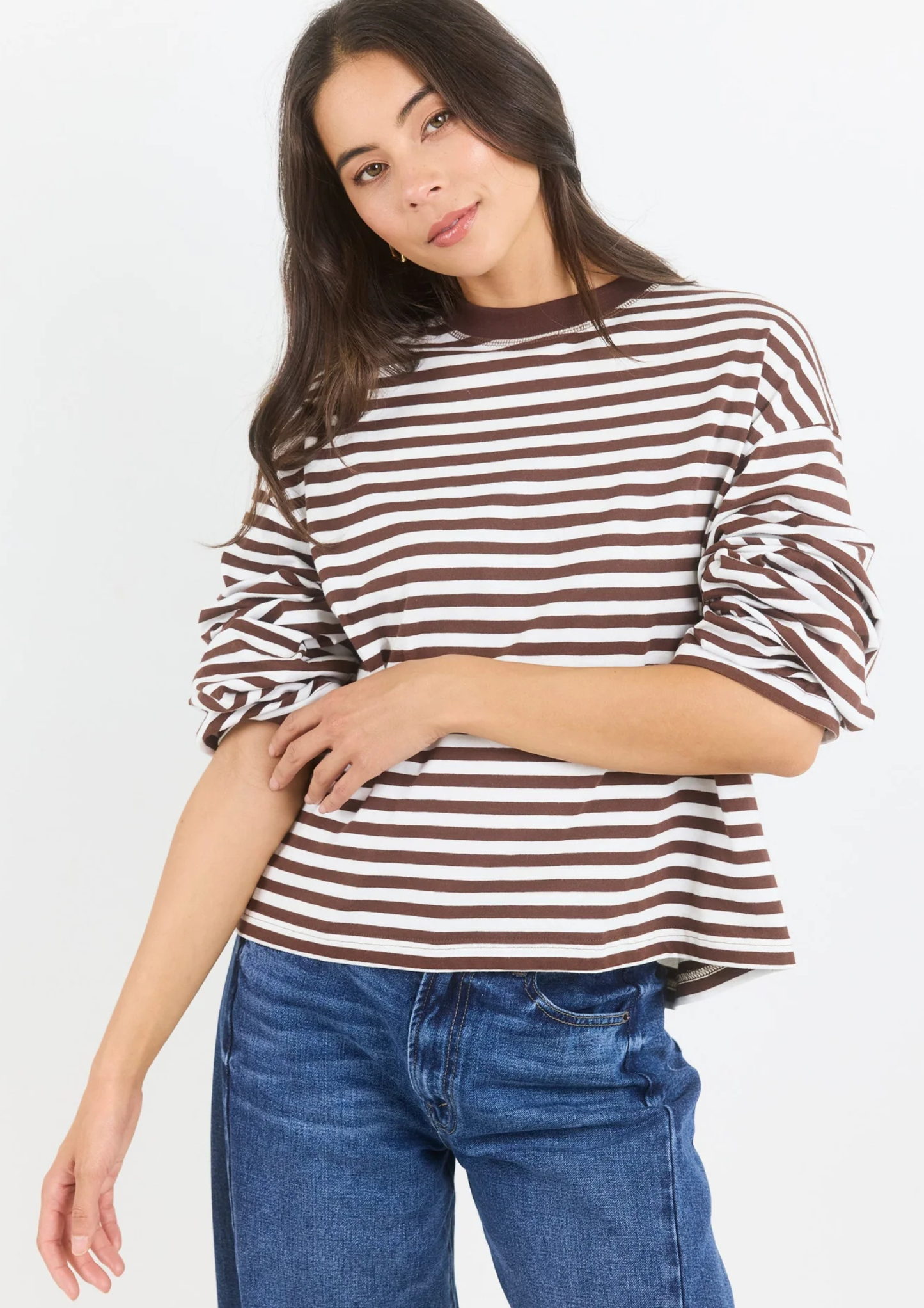 Unite Chocolate White Stripe Long Sleeve Contrast Binding Boxy Tee