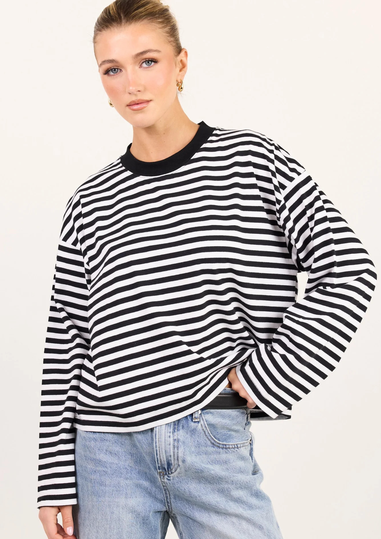 Unite Black White Stripe Long Sleeve Contrast Binding Boxy Tee