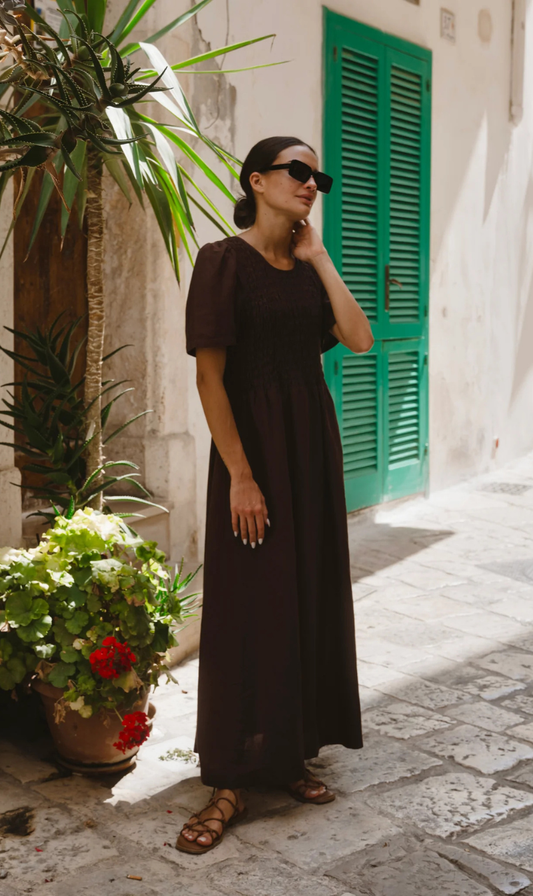 Wren Linen Blend Shirred Midi Dress