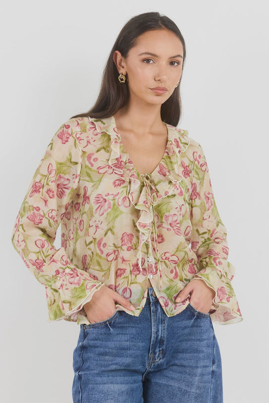 Bohemian Cream Blush Floral Sheer Frill Front Blouse