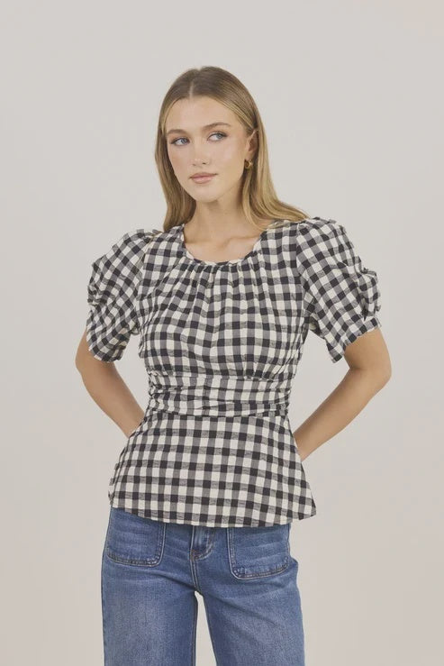 Determine Black Ivory Gingham Pleated Panel Short Sleeve Top