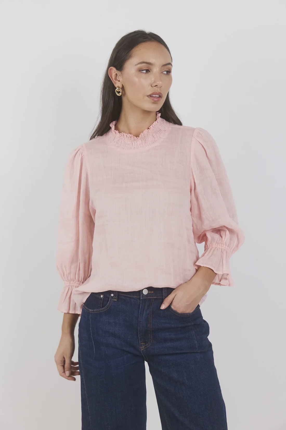 Occasion Pale Pink Shirred Neck Short Sleeve Top
