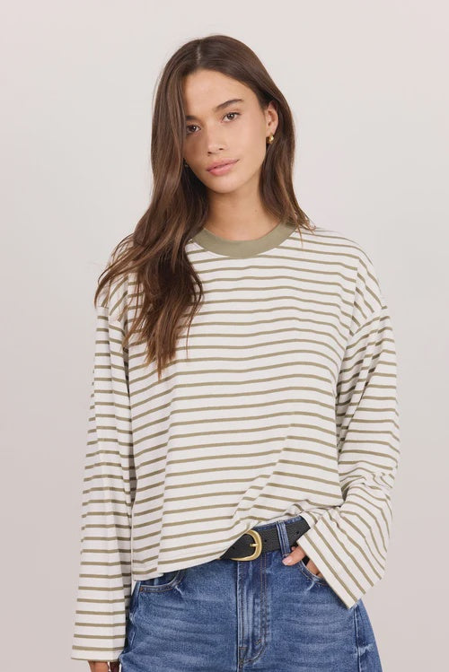 Unite Khaki White Stripe Long Sleeve Contrast Binding Boxy Tee